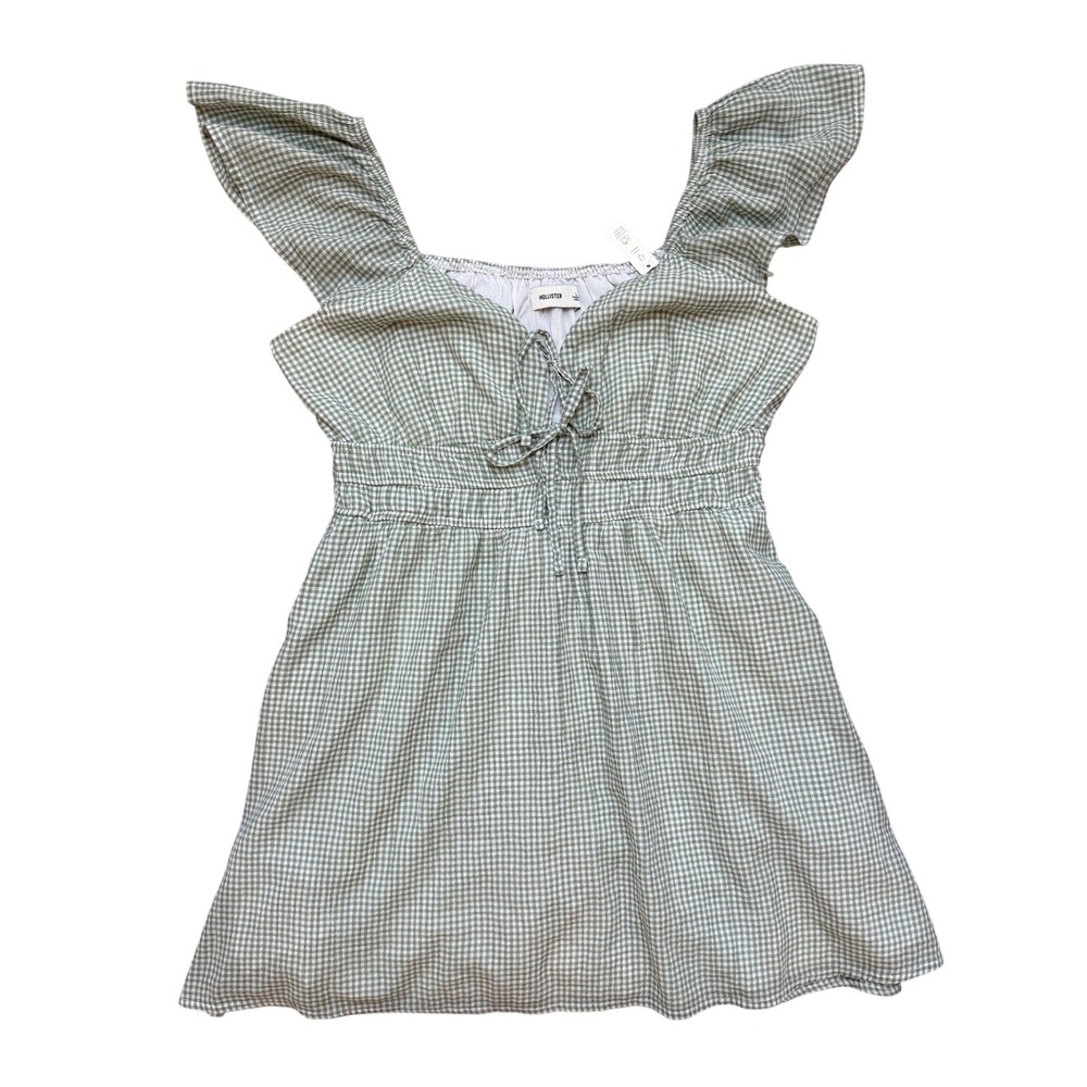 Hollister Sage Green Gingham Ruffle Mini Dress Built-in Shorts L - Picture 1 of 7